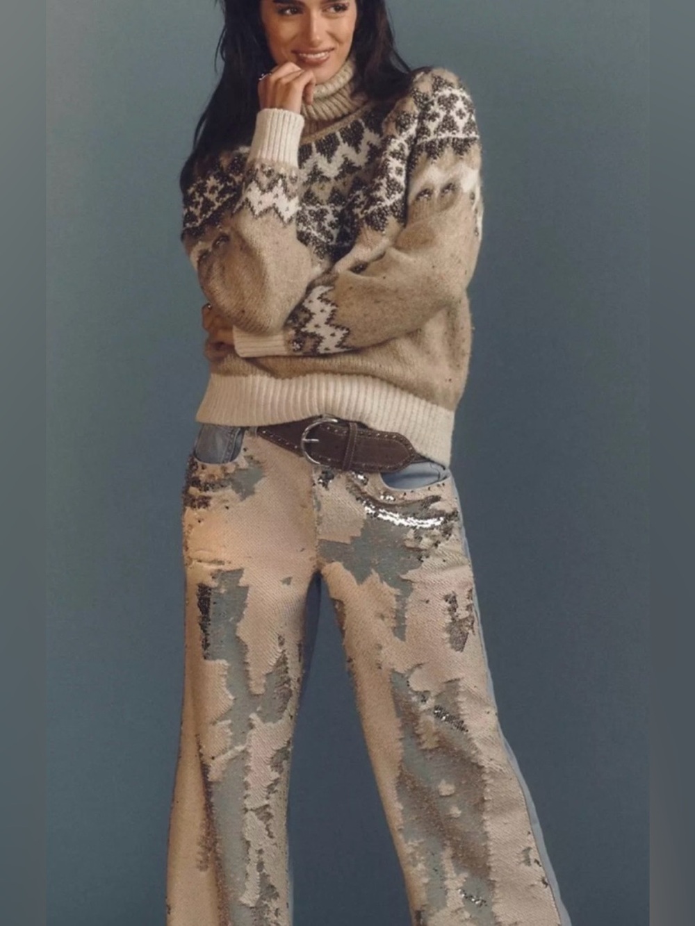 Pilcro Beige and Silver Sequin Skater Jeans Wide-Leg Jeans